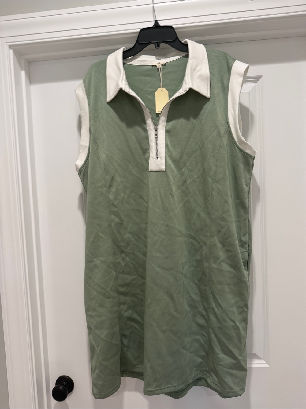 JODIFL Sleeveless Polo Dress in Sage Green with White Trim